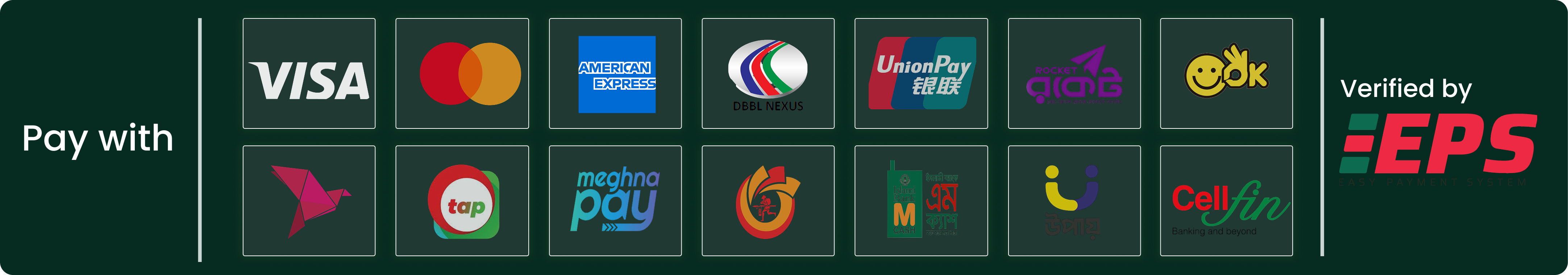 Pay with bKash, Nagad, Rocket, Visa, Mastercard and more — verified by EPS